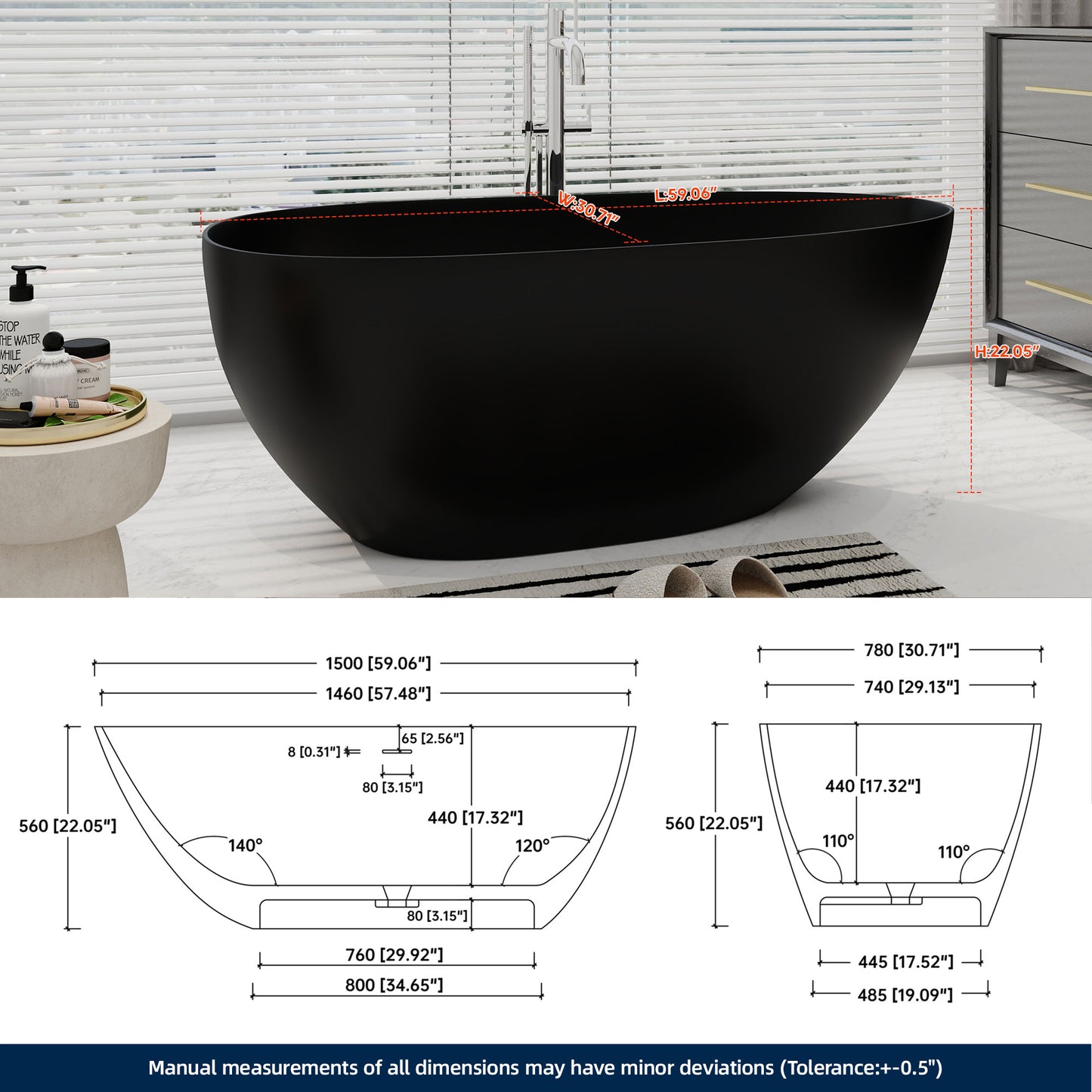 SJ-STARJANE 59'' Freestanding Tub Solid Surface Egg Shape Freestanding Soaking Tub