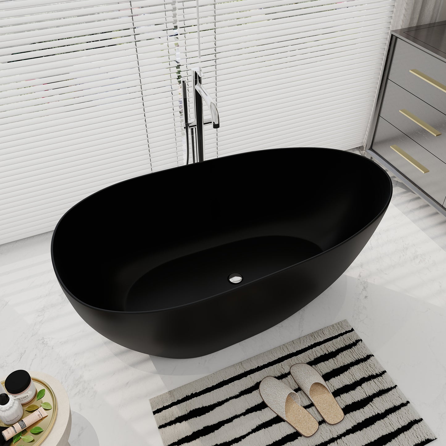 SJ-STARJANE 59'' Freestanding Tub Solid Surface Egg Shape Freestanding Soaking Tub
