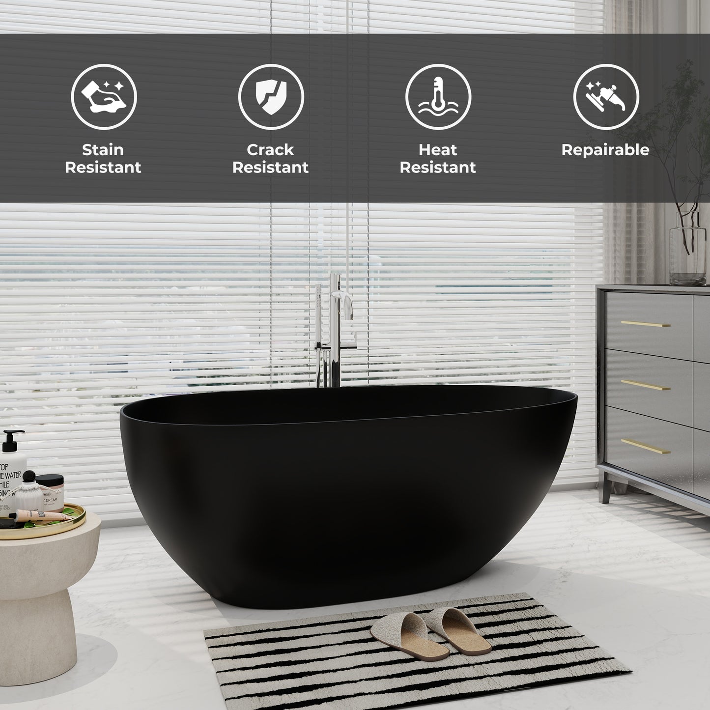 SJ-STARJANE 59'' Freestanding Tub Solid Surface Egg Shape Freestanding Soaking Tub