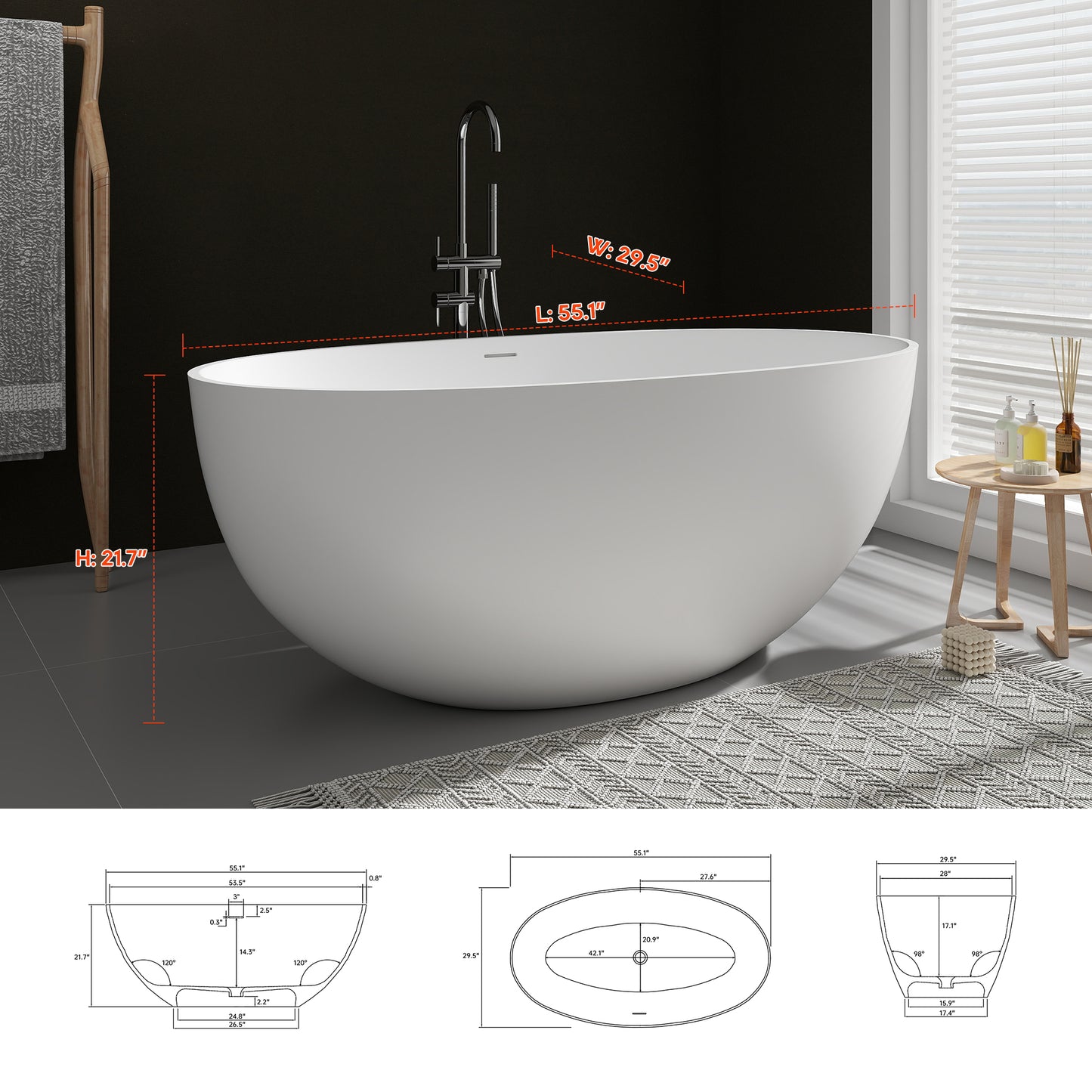 SJ-STARJANE 55''Faux Stone Freestanding Tub Matte White Solid Surface Tubs