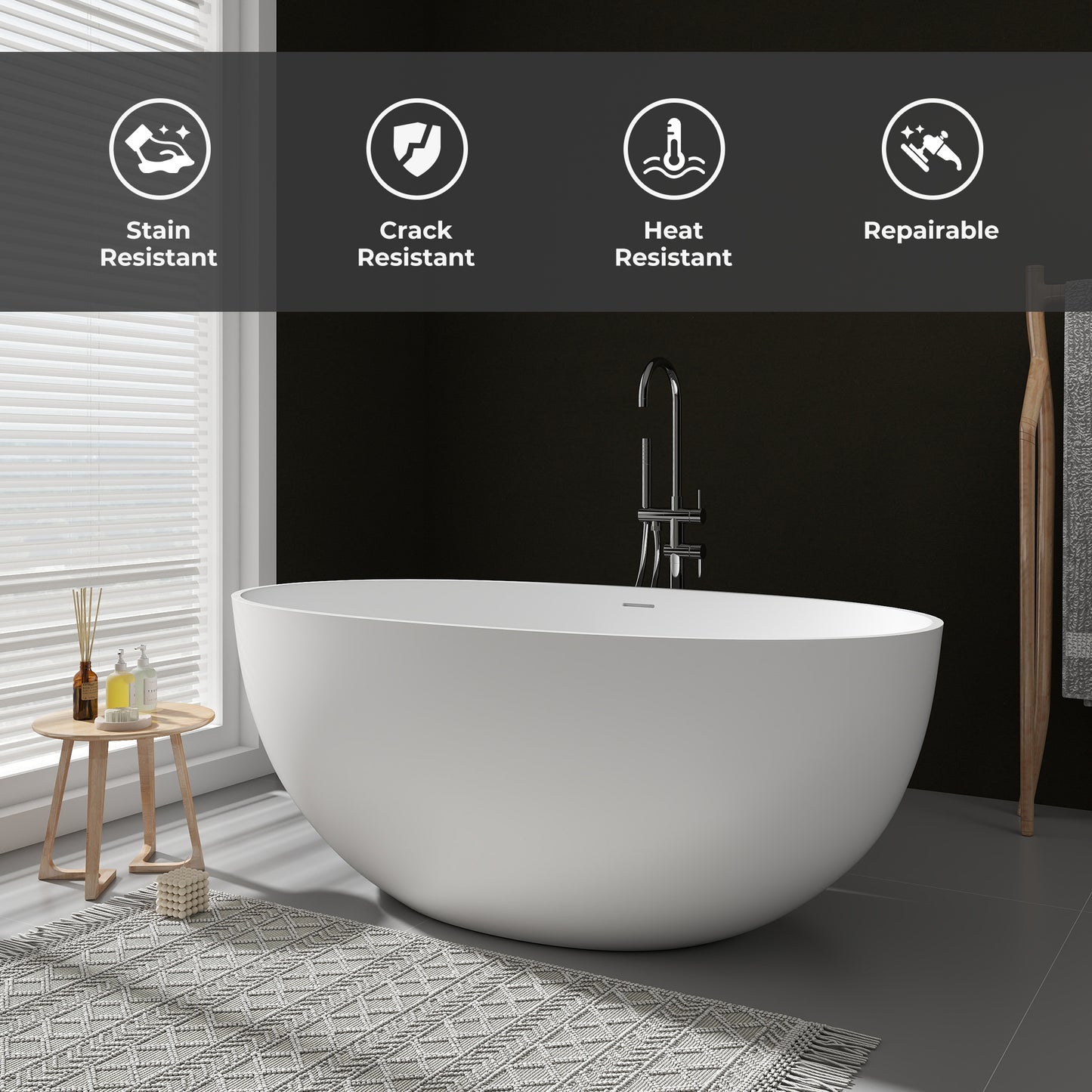 SJ-STARJANE 55''Faux Stone Freestanding Tub Matte White Solid Surface Tubs