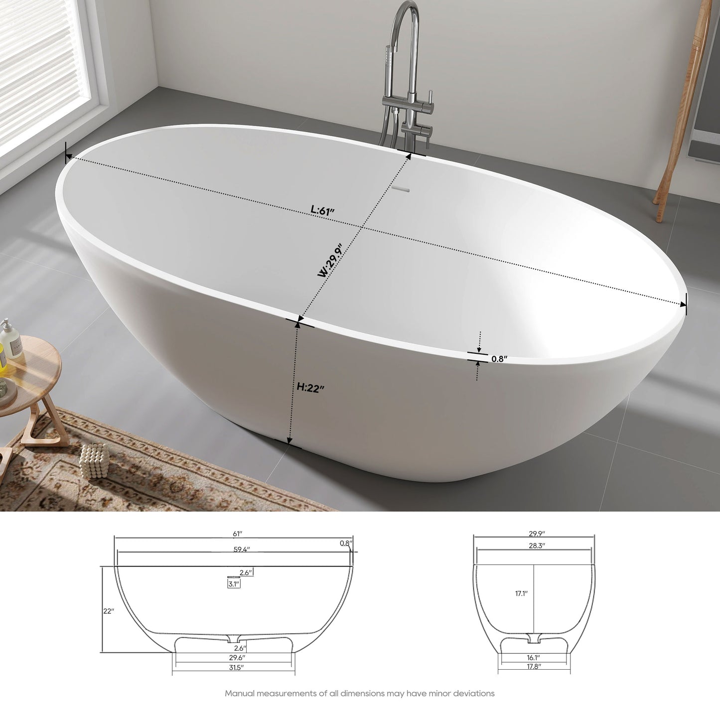 SJ-STARJANE 61'' Freestanding Tub Solid Surface Stone Resin Free Standing Soaking Bathtub