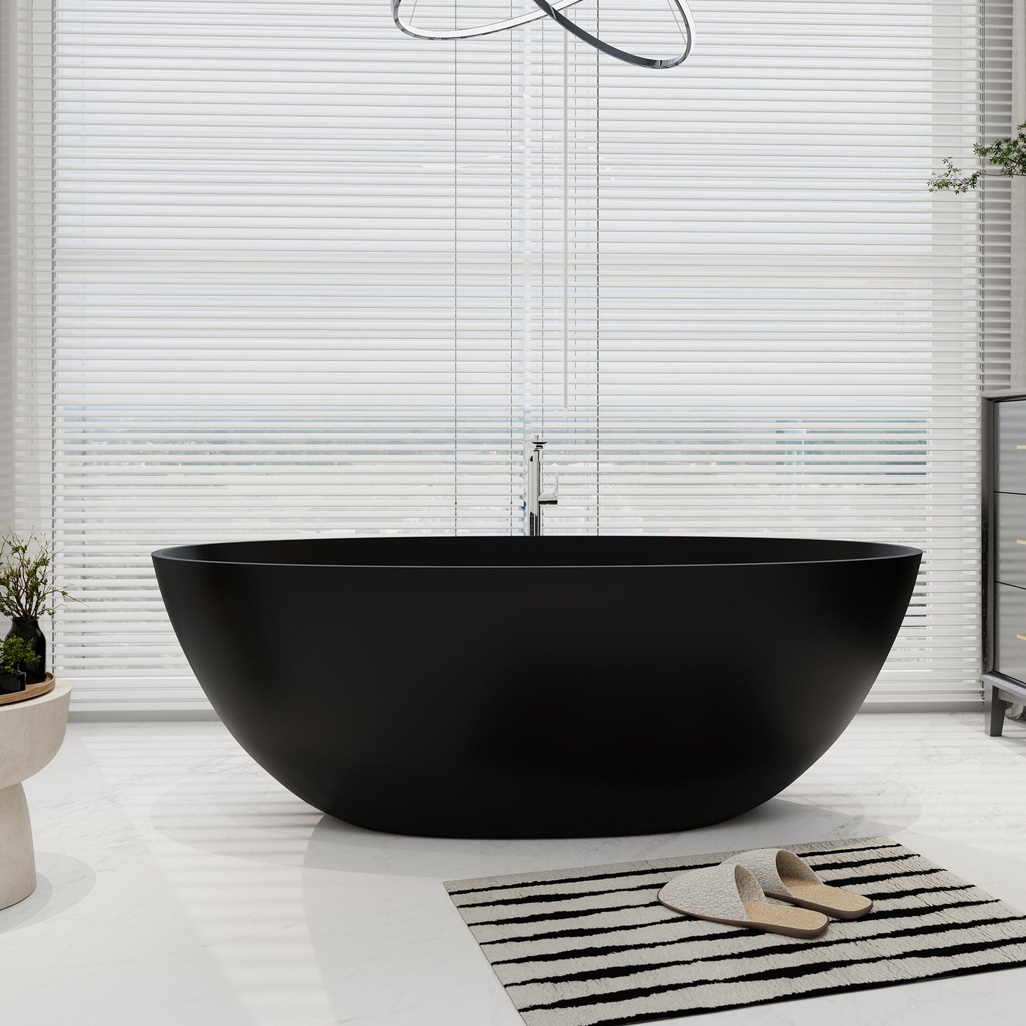 SJ-STARJANE 65''Artificial Stone Freestanding Bathtub, Black Oval with Pop-Up Drain and Overflow and overflow