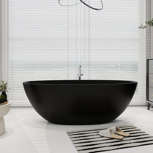 SJ-STARJANE 65''Artificial Stone Freestanding Bathtub, Black Oval with Pop-Up Drain and Overflow and overflow