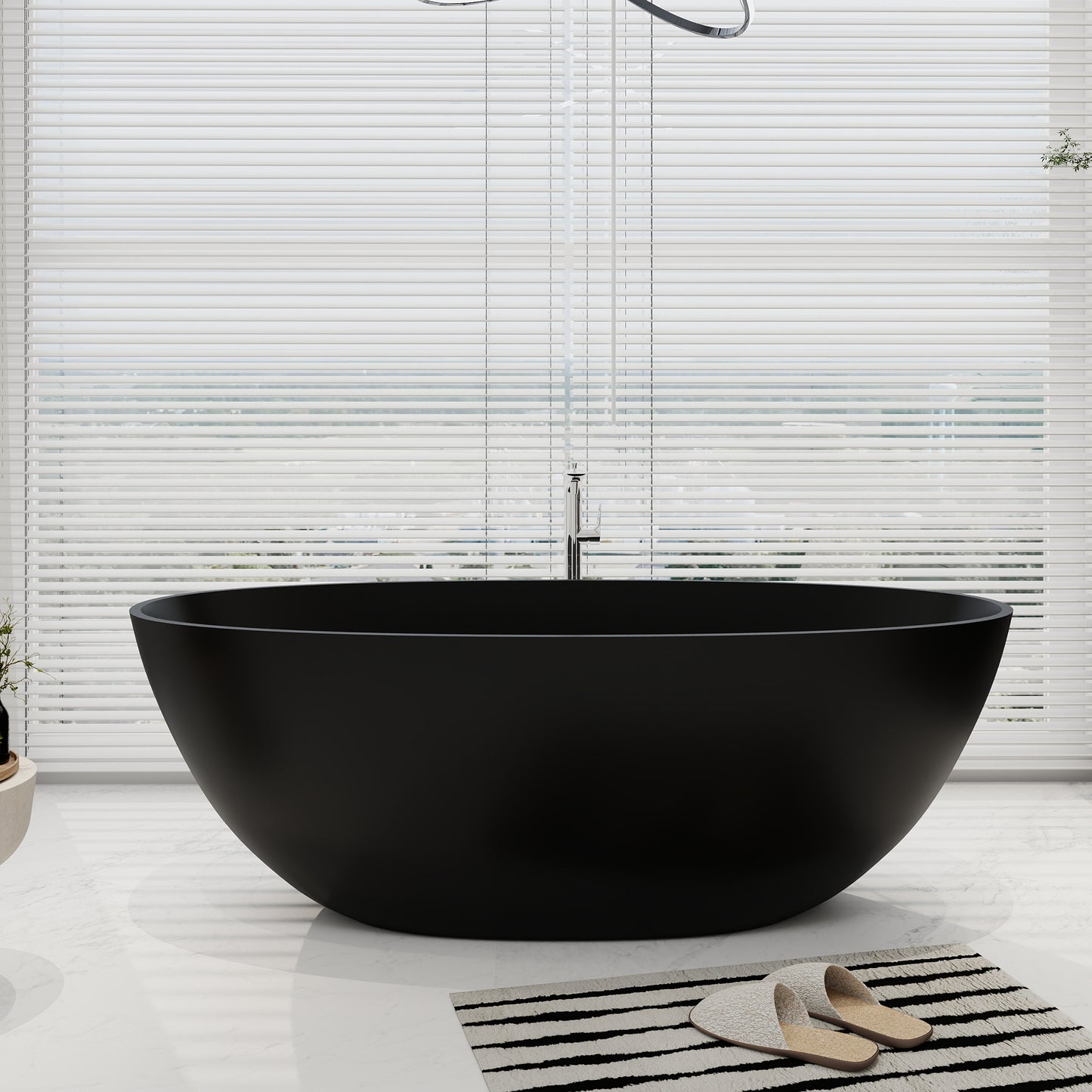 SJ-STARJANE 65''Artificial Stone Freestanding Bathtub, Black Oval with Pop-Up Drain and Overflow and overflow