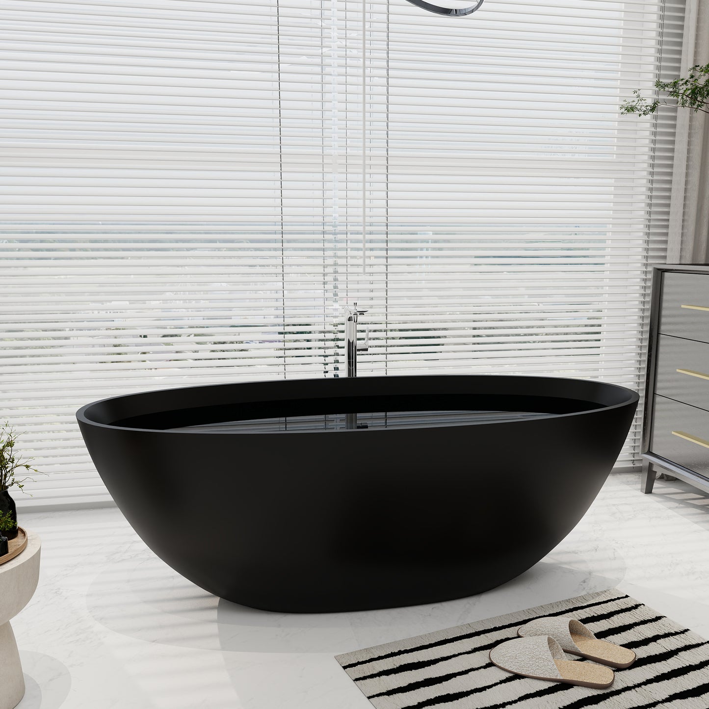 SJ-STARJANE 65''Artificial Stone Freestanding Bathtub, Black Oval with Pop-Up Drain and Overflow and overflow
