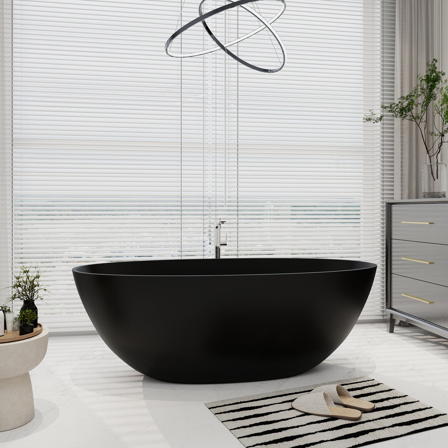 SJ-STARJANE 65''Artificial Stone Freestanding Bathtub, Black Oval with Pop-Up Drain and Overflow and overflow