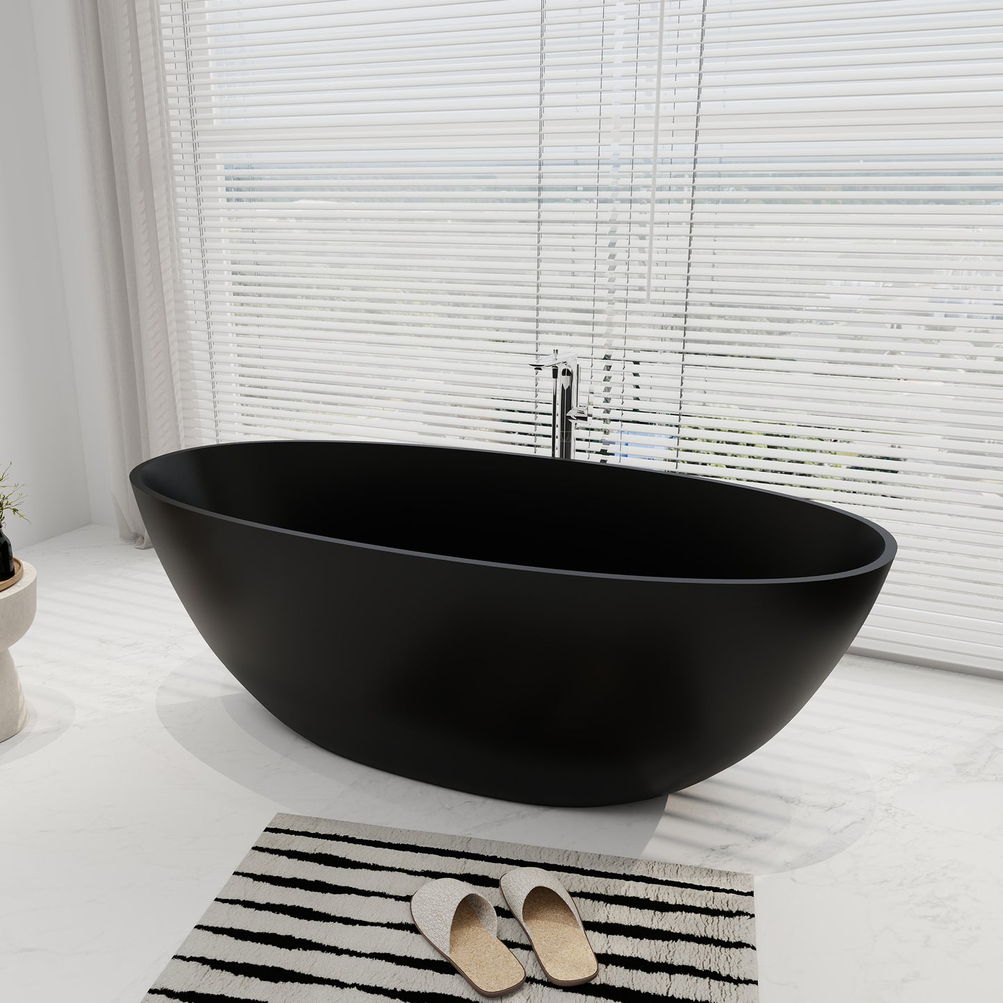 SJ-STARJANE 65''Artificial Stone Freestanding Bathtub, Black Oval with Pop-Up Drain and Overflow and overflow