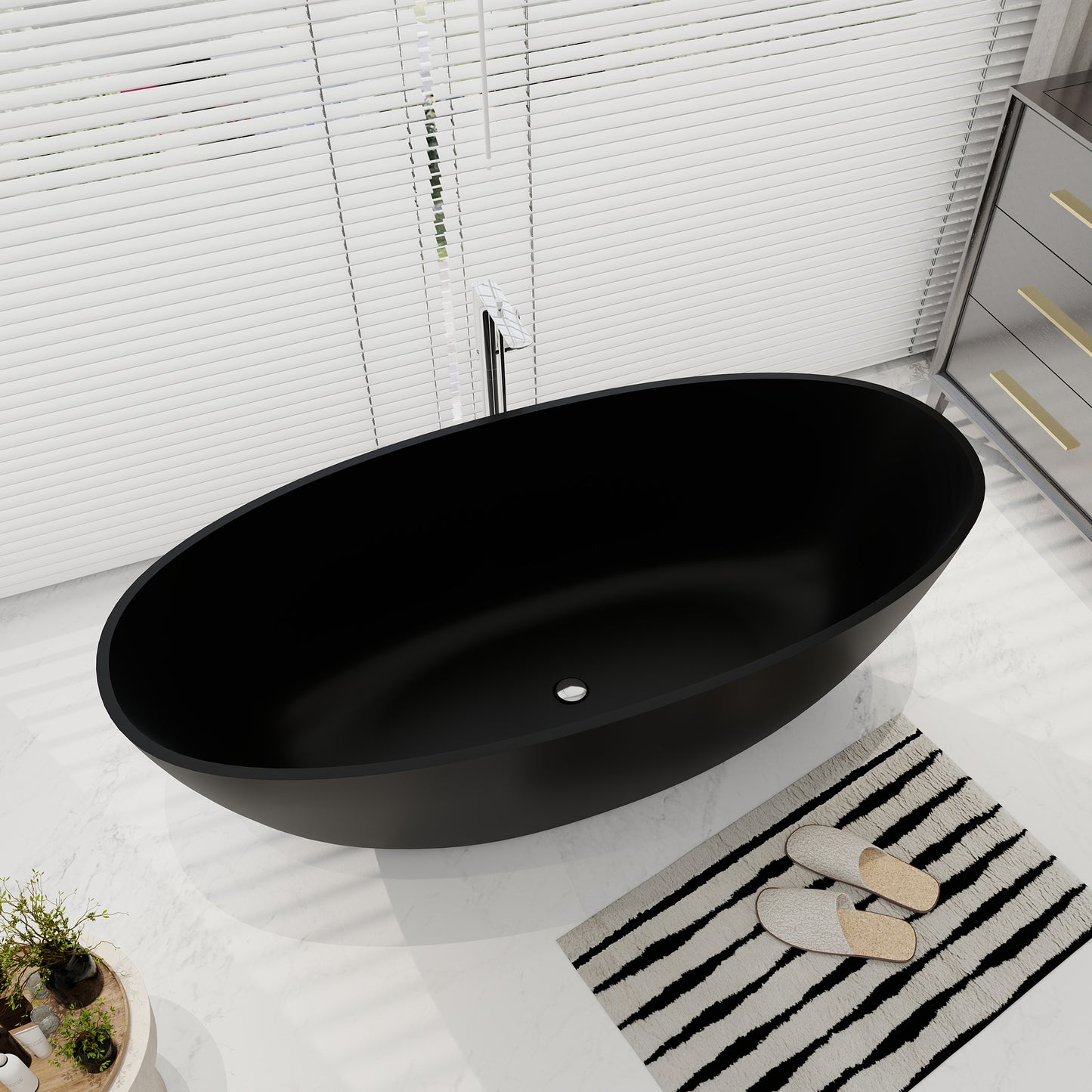 SJ-STARJANE 65''Artificial Stone Freestanding Bathtub, Black Oval with Pop-Up Drain and Overflow and overflow