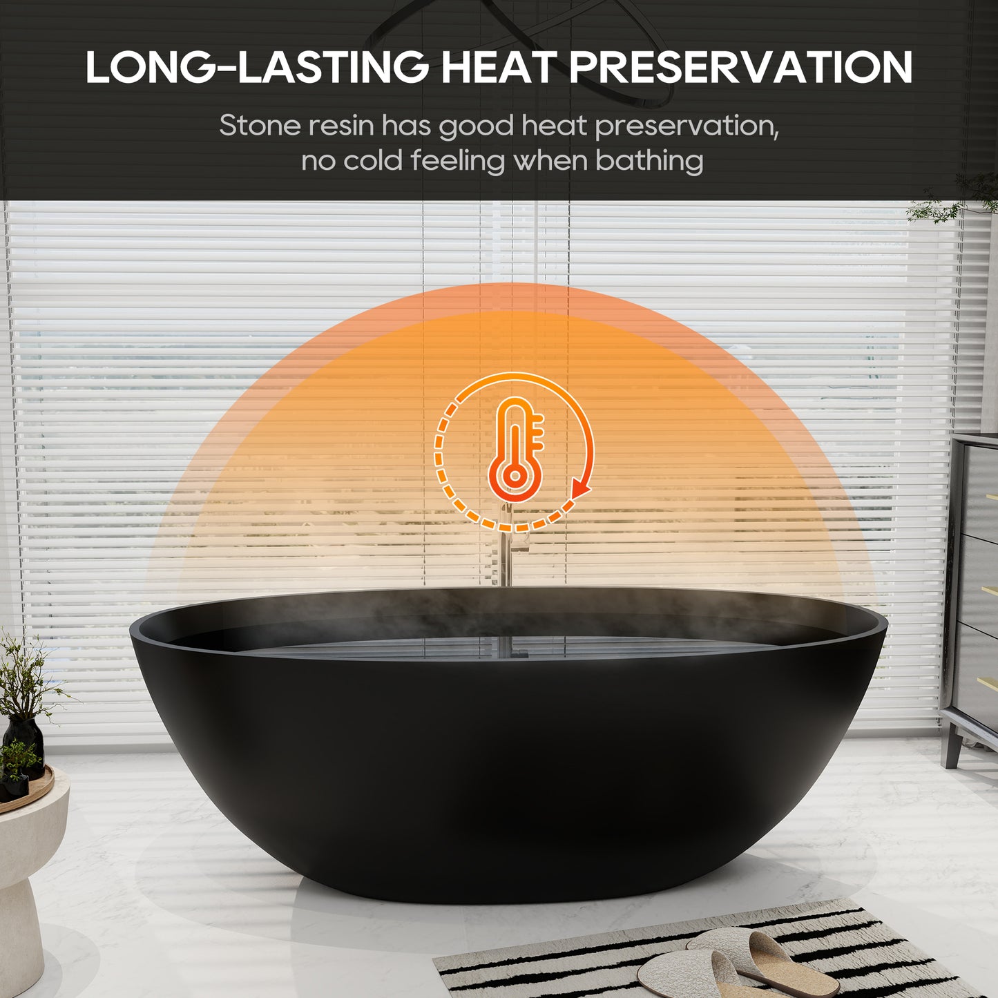 SJ-STARJANE 65''Artificial Stone Freestanding Bathtub, Black Oval with Pop-Up Drain and Overflow and overflow