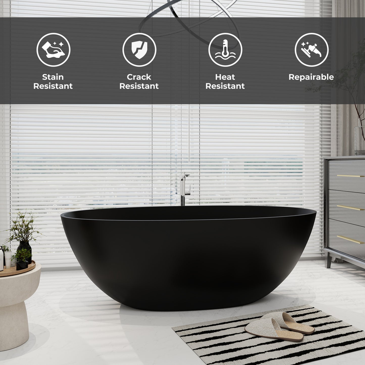 SJ-STARJANE 65''Artificial Stone Freestanding Bathtub, Black Oval with Pop-Up Drain and Overflow and overflow