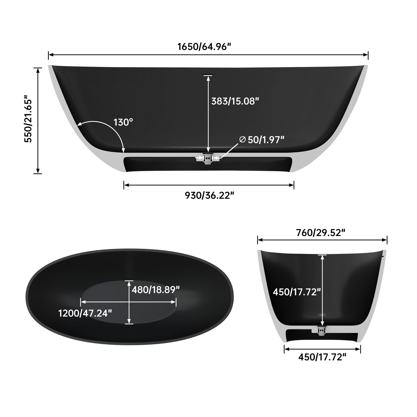 SJ-STARJANE 65''Artificial Stone Freestanding Bathtub, Black Oval with Pop-Up Drain and Overflow and overflow