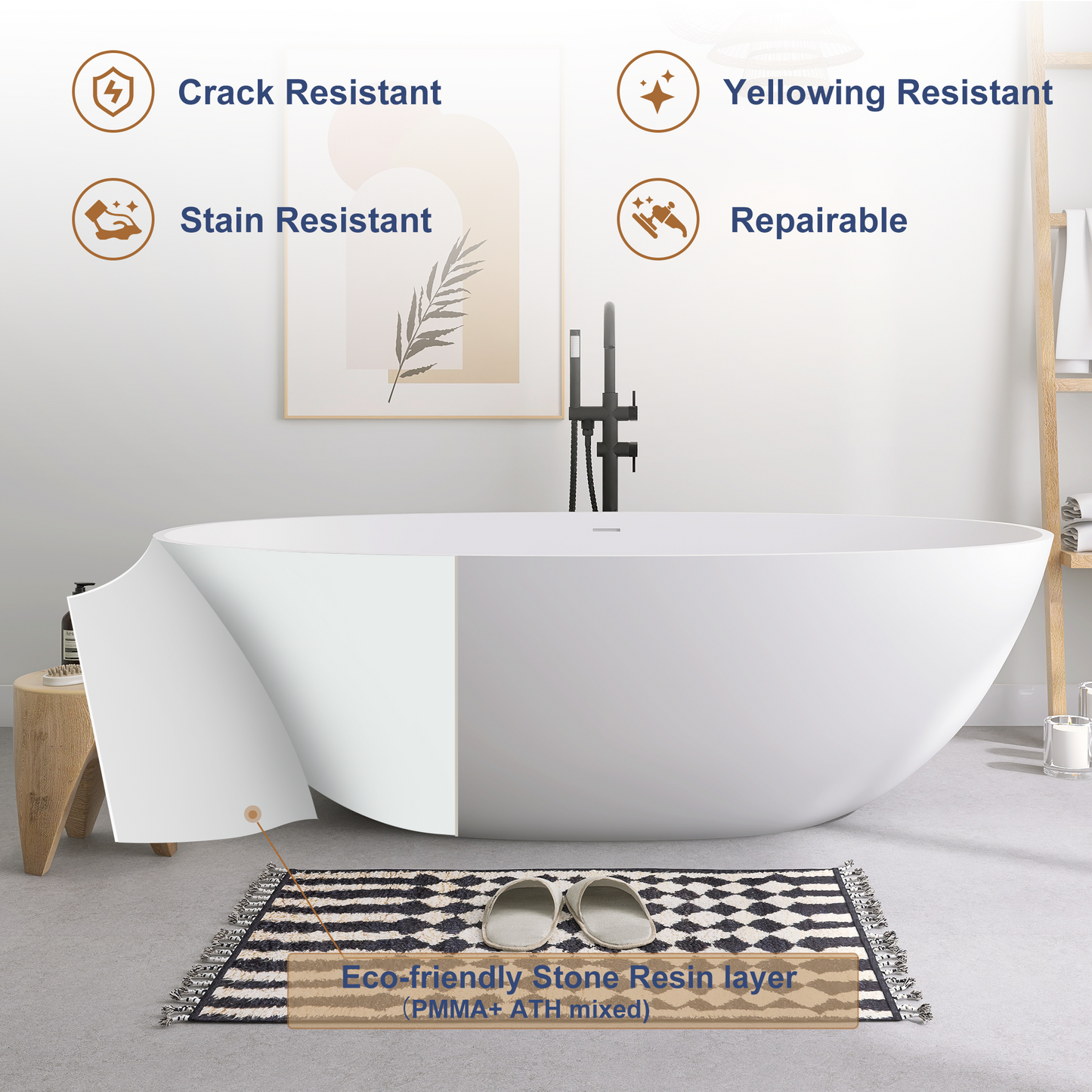 SJ-STARJANE 71''Freestanding artificial stone bathtub Double soaking design