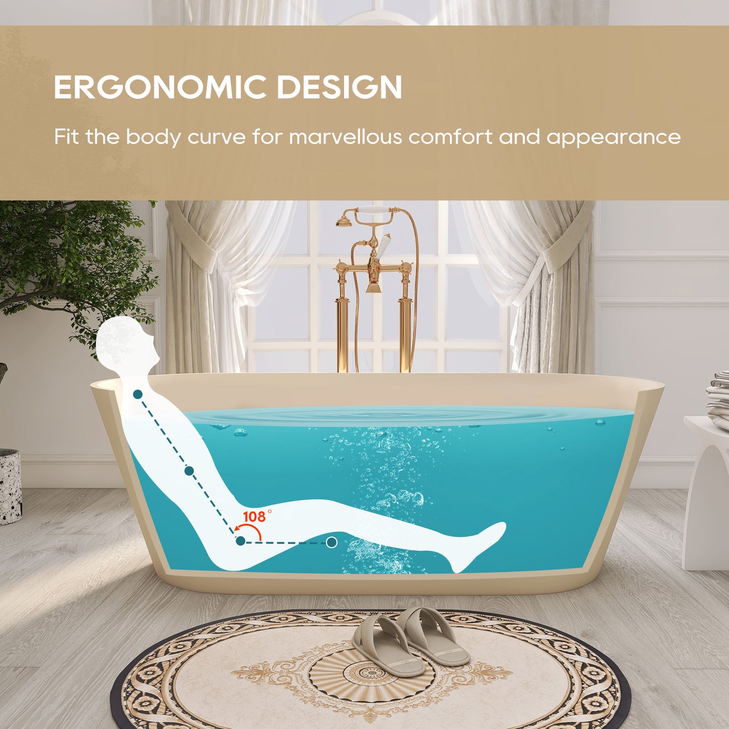 SJ-STARJANE 63'' Freestanding Tub Solid Surface Deep Freestanding Soaking Bathtub