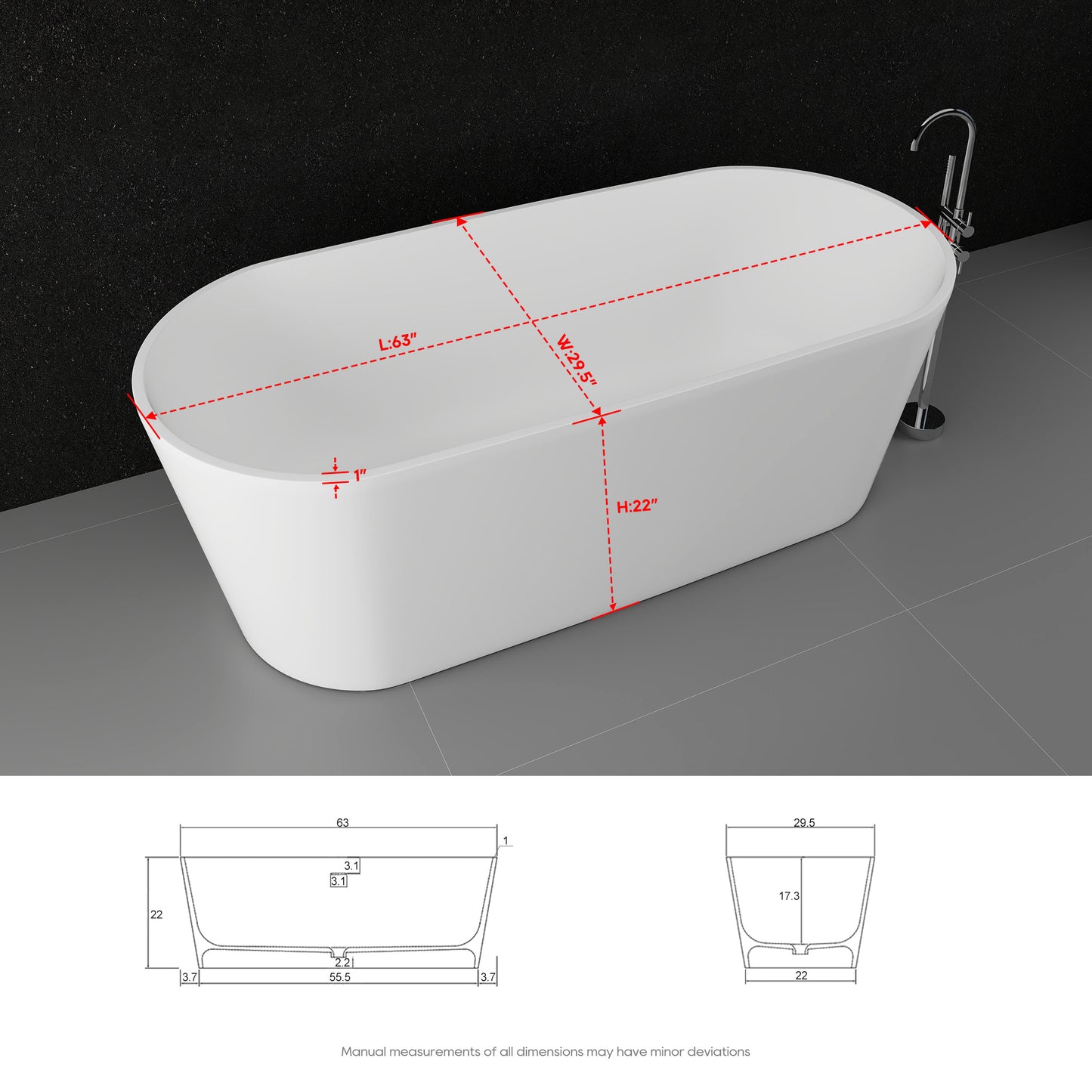 SJ-STARJANE 63'' Freestanding Tub Solid Surface Deep Freestanding Soaking Bathtub