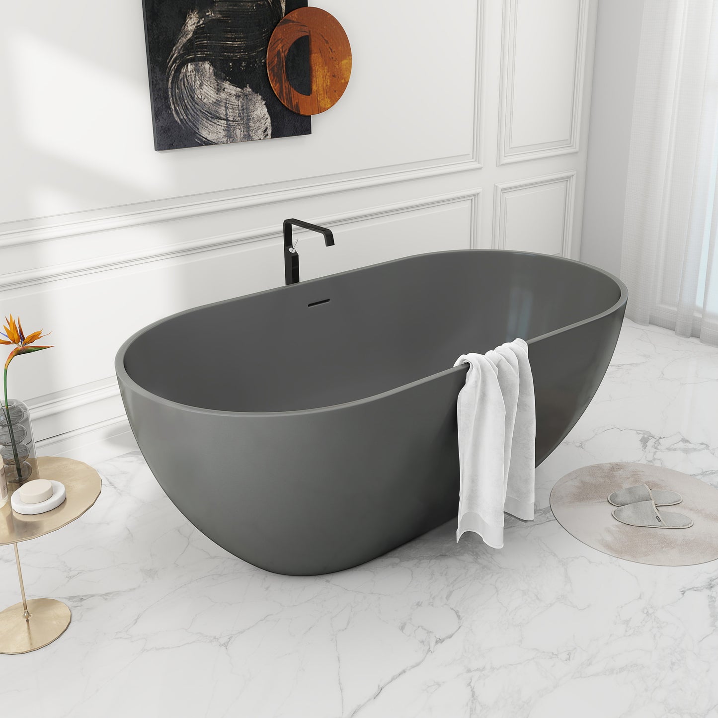 SJ-STARJANE 59‘’Artificial stone freestanding bathtub with central drain and overflow