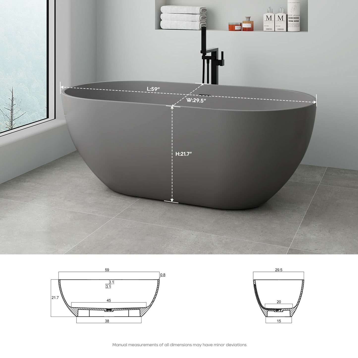 SJ-STARJANE 59‘’Artificial stone freestanding bathtub with central drain and overflow