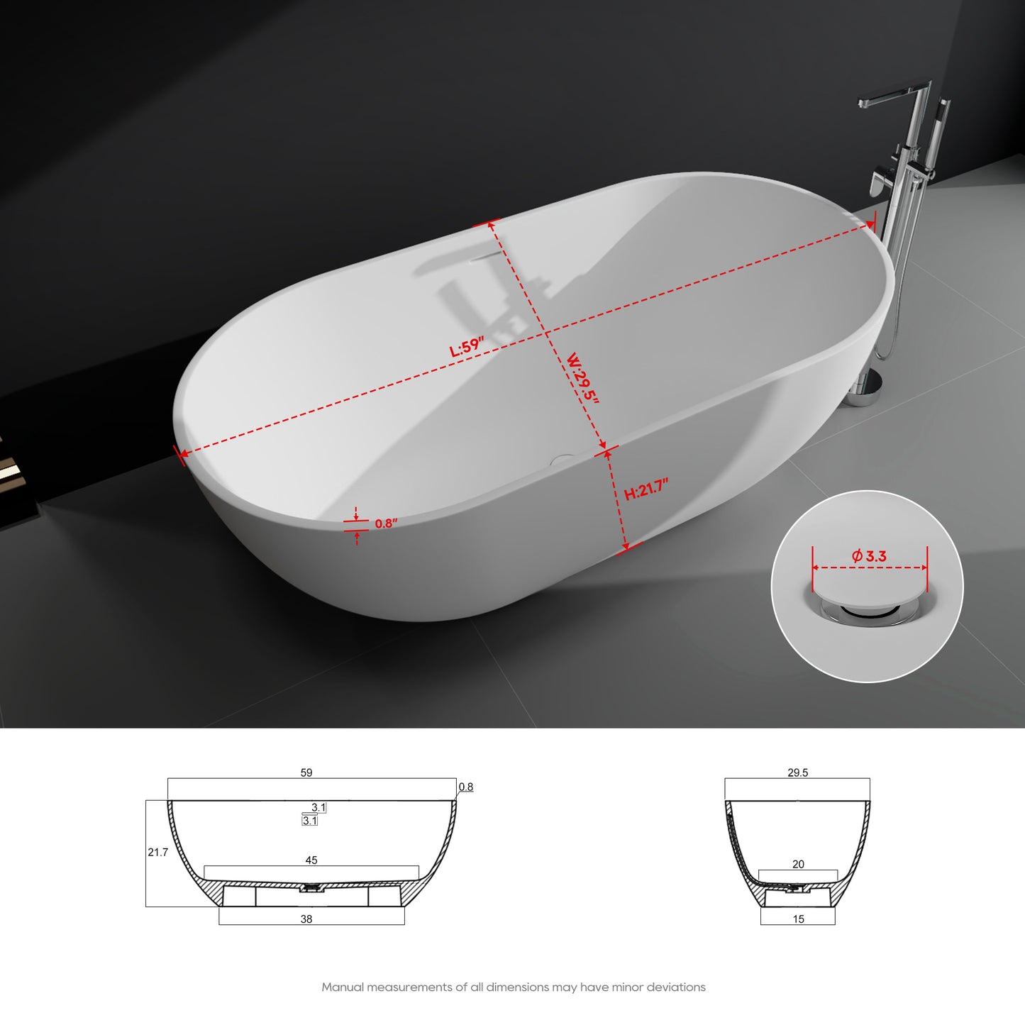SJ-STARJANE 59''Freestanding immersion solid surface bathtubs