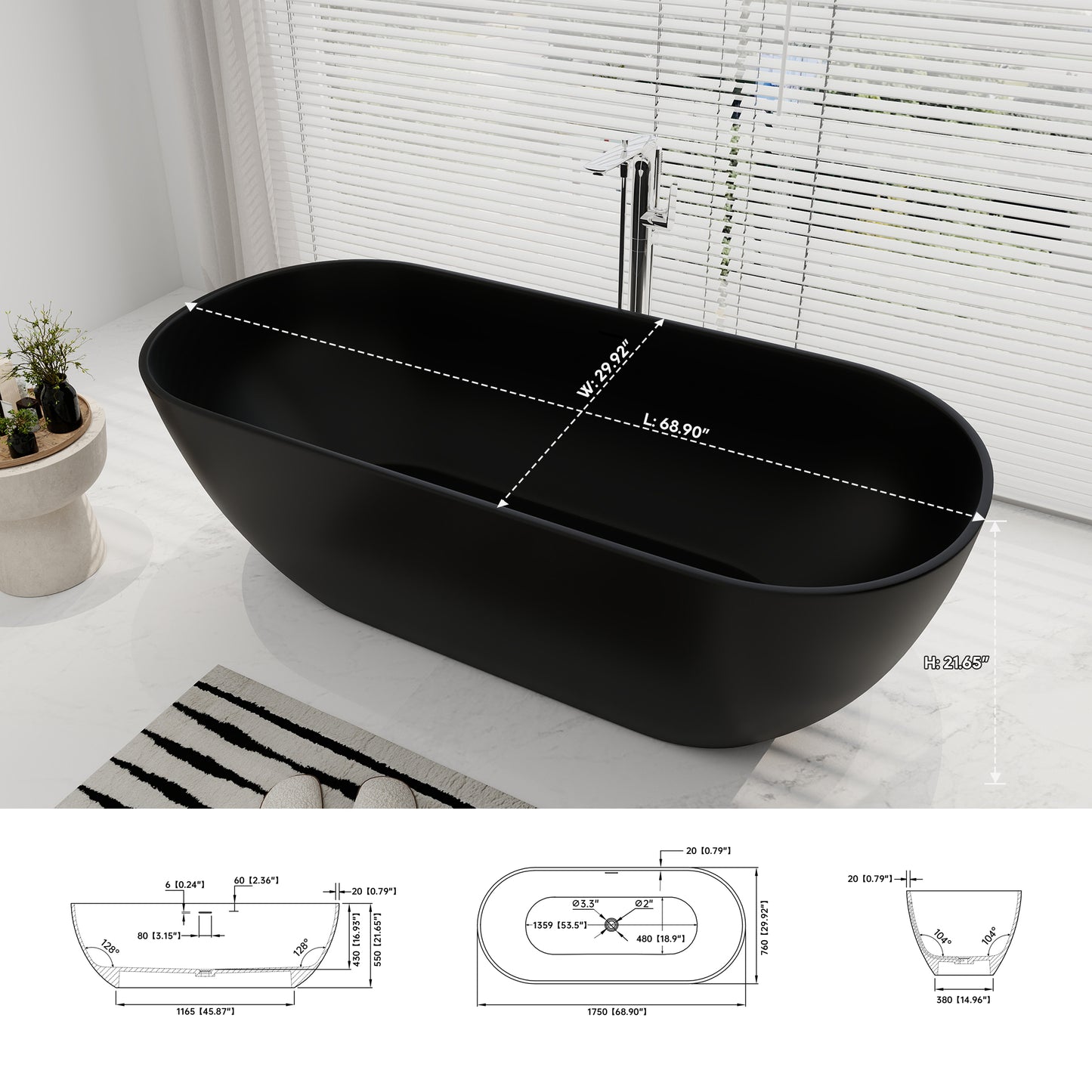 SJ-STARJANE 69''Minimalist obsidian freestanding bathtub Double grade artificial stone resin bathtub
