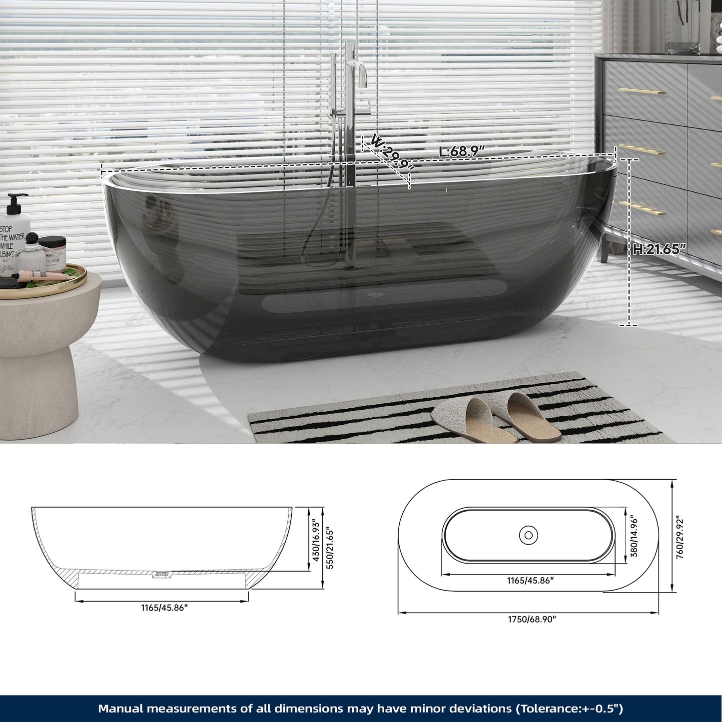 SJ-STARJANE 69'' X 30'' Freestanding Bathtub Solid Surface Stone Resin Soaking Bathtub Transparent
