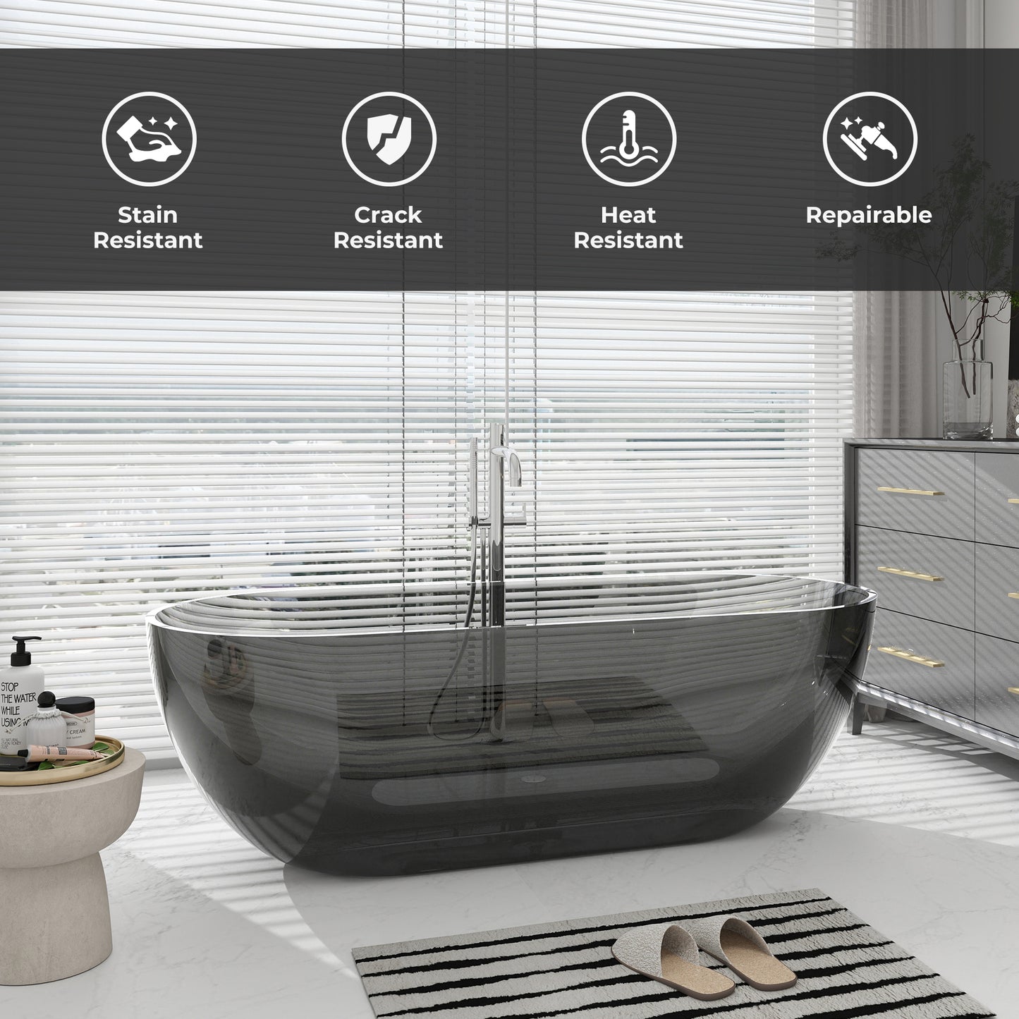 SJ-STARJANE 69'' X 30'' Freestanding Bathtub Solid Surface Stone Resin Soaking Bathtub Transparent