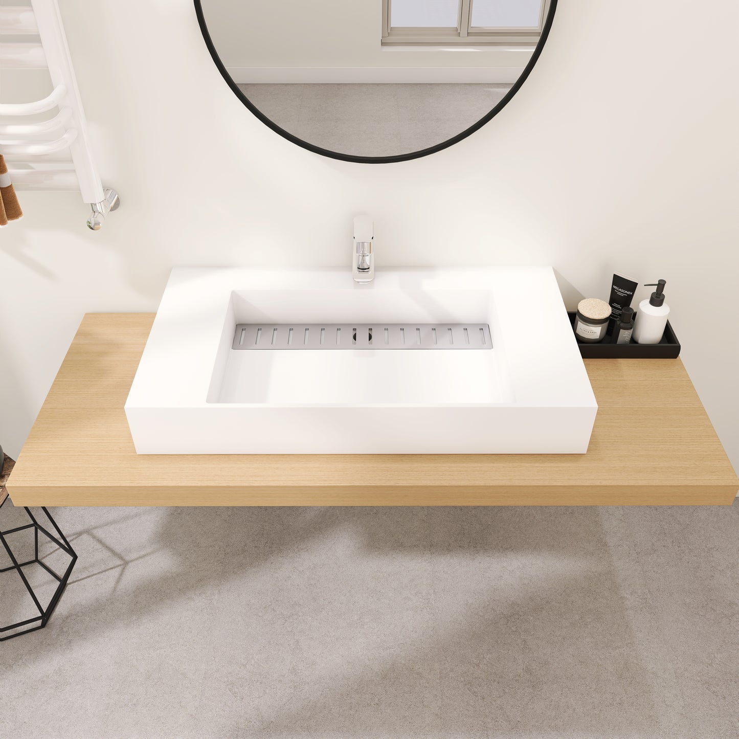SJ-STARJANE 36''Solid Surface Basin with Stainless Steel Slab Covers