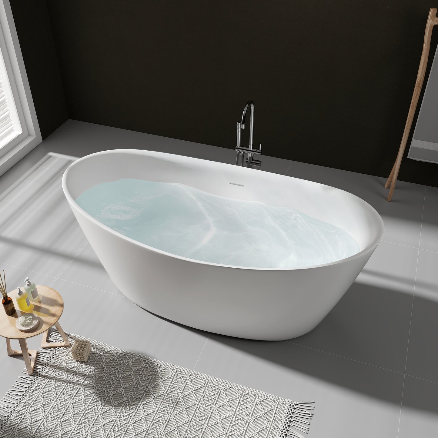 SJ-STARJANE 65'' Freestanding Bathtub Solid Surface Deep Soaking Tubs Double Slippers