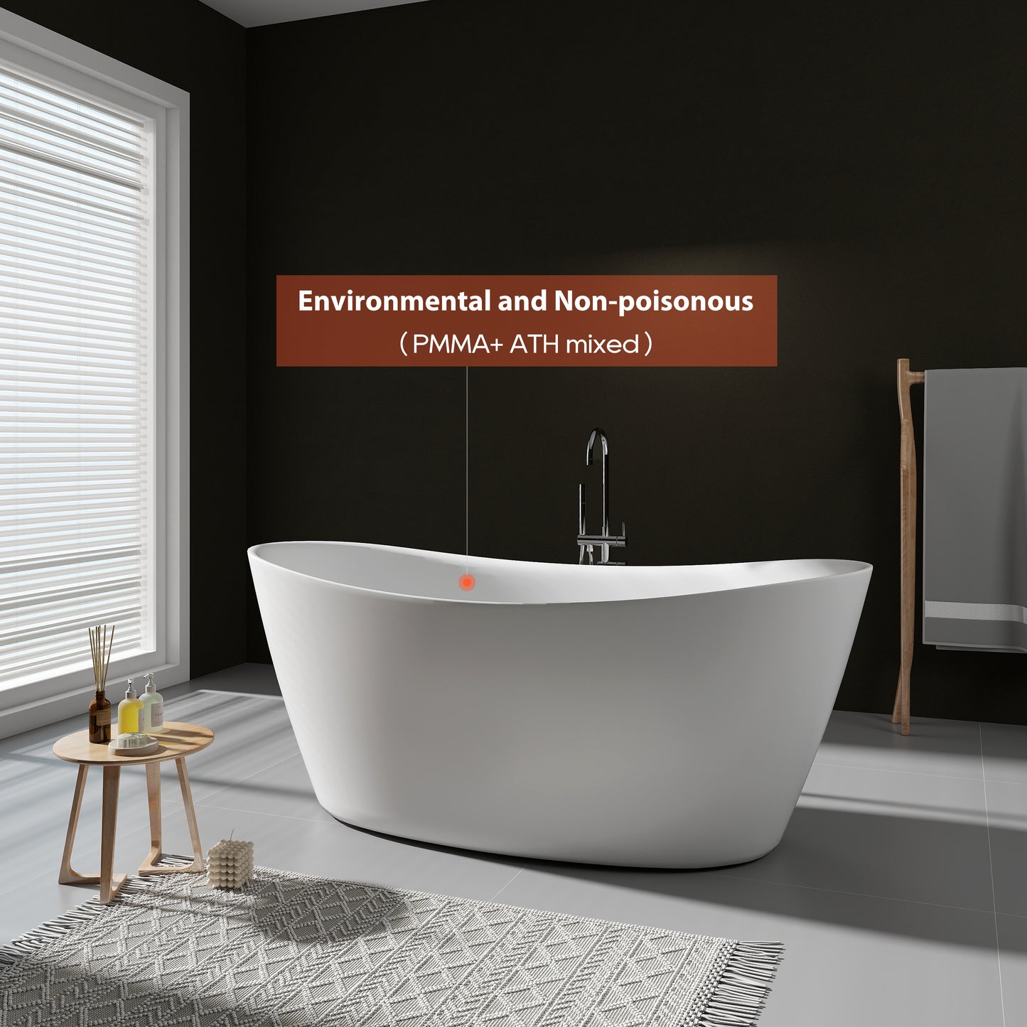 SJ-STARJANE 65'' Freestanding Bathtub Solid Surface Deep Soaking Tubs Double Slippers