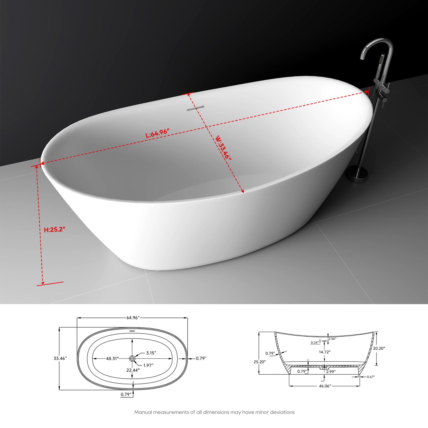 SJ-STARJANE 65'' Freestanding Bathtub Solid Surface Deep Soaking Tubs Double Slippers