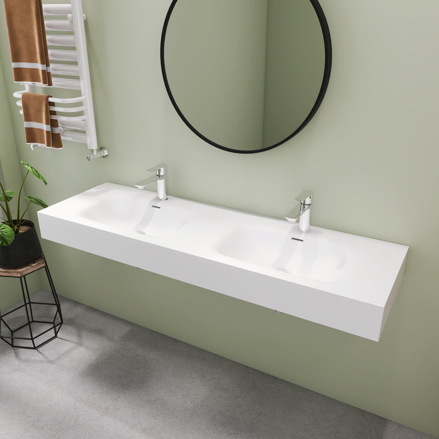SJ-STARJANE 59''Double basin solid surface sink Single hole overflow design