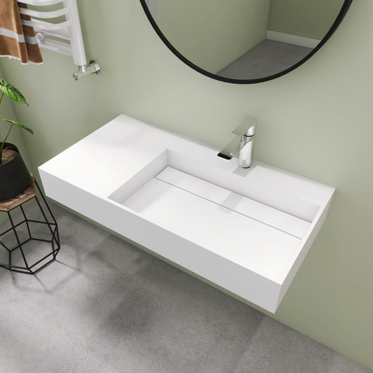 SJ-STARJANE 36‘’Solid Surface Wall Mount Bathroom Right Vessel Sink with Faucet Hole and Drain Cover