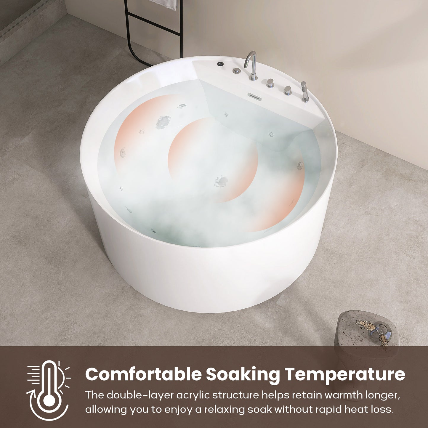 47'' Freestanding Round Acrylic Whirlpool Bathtub, 6 Massage Jets, LED Lighting, And 4-Hole Faucet AB24-47-AM