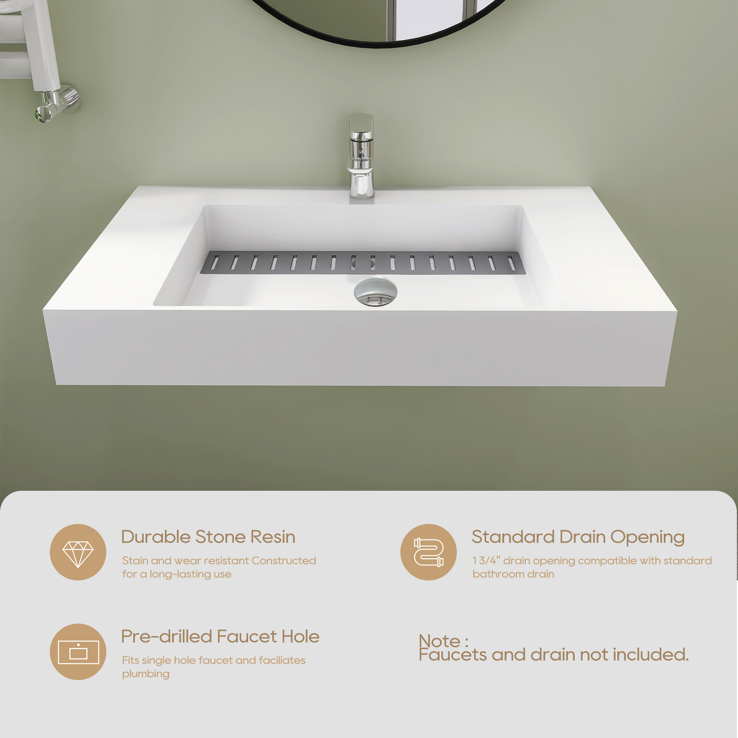 SJ-STARJANE 36''Solid Surface Basin with Stainless Steel Slab Covers