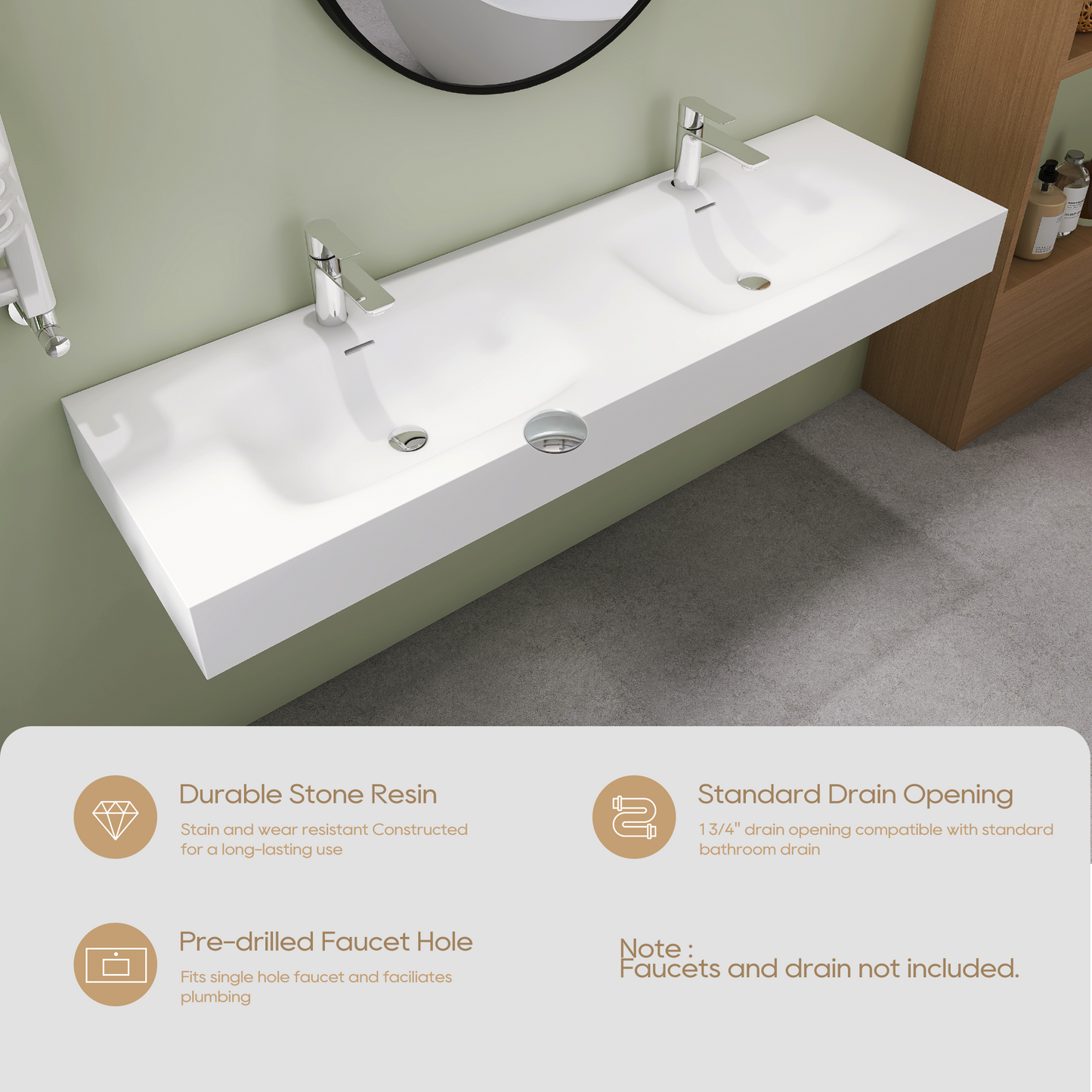 SJ-STARJANE 59''Double basin solid surface sink Single hole overflow design