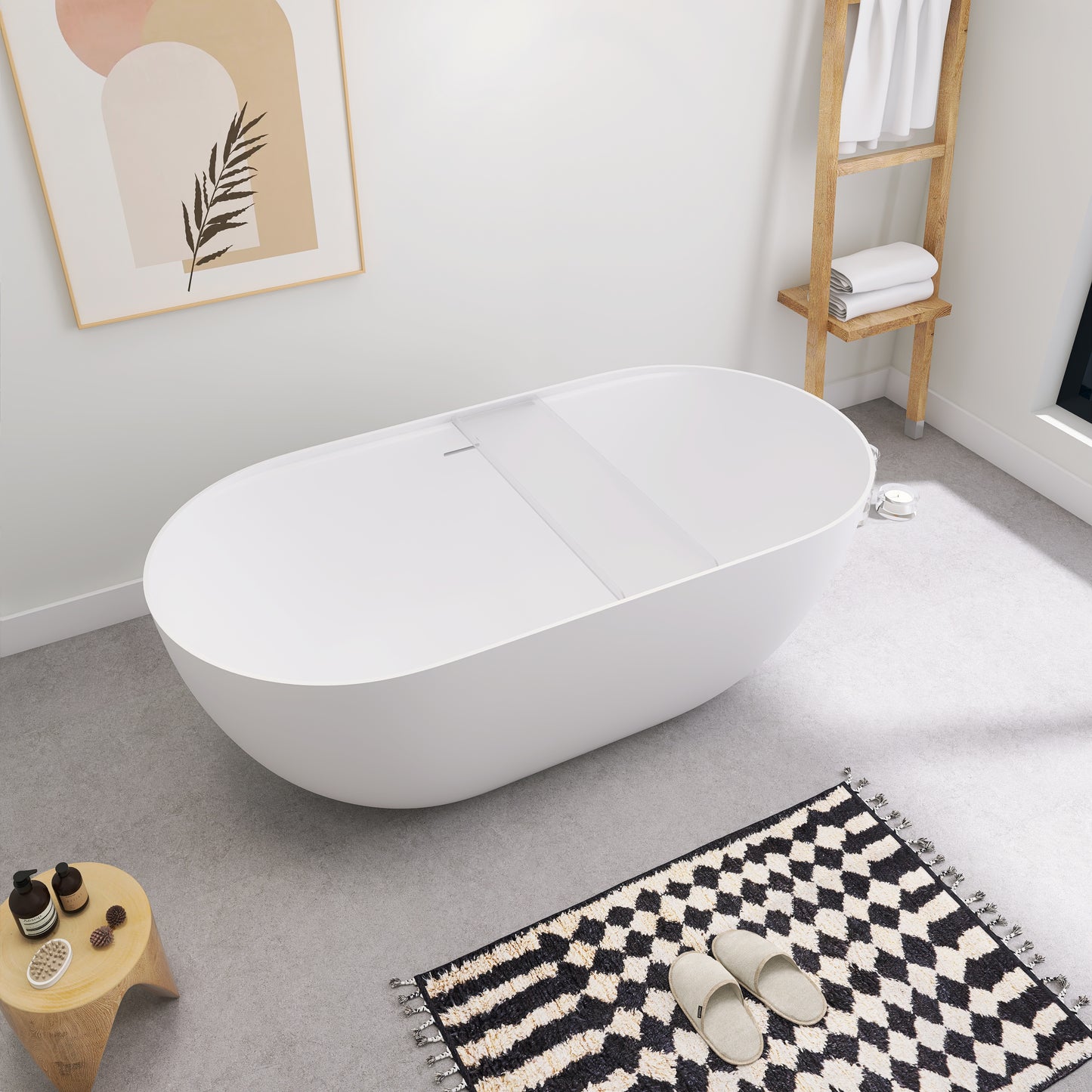 SJ-STARJANE 39"Freestanding Artificial Stone Bathtub with Shelf,Modern deep soaking bathtub,Non-slip solid surface