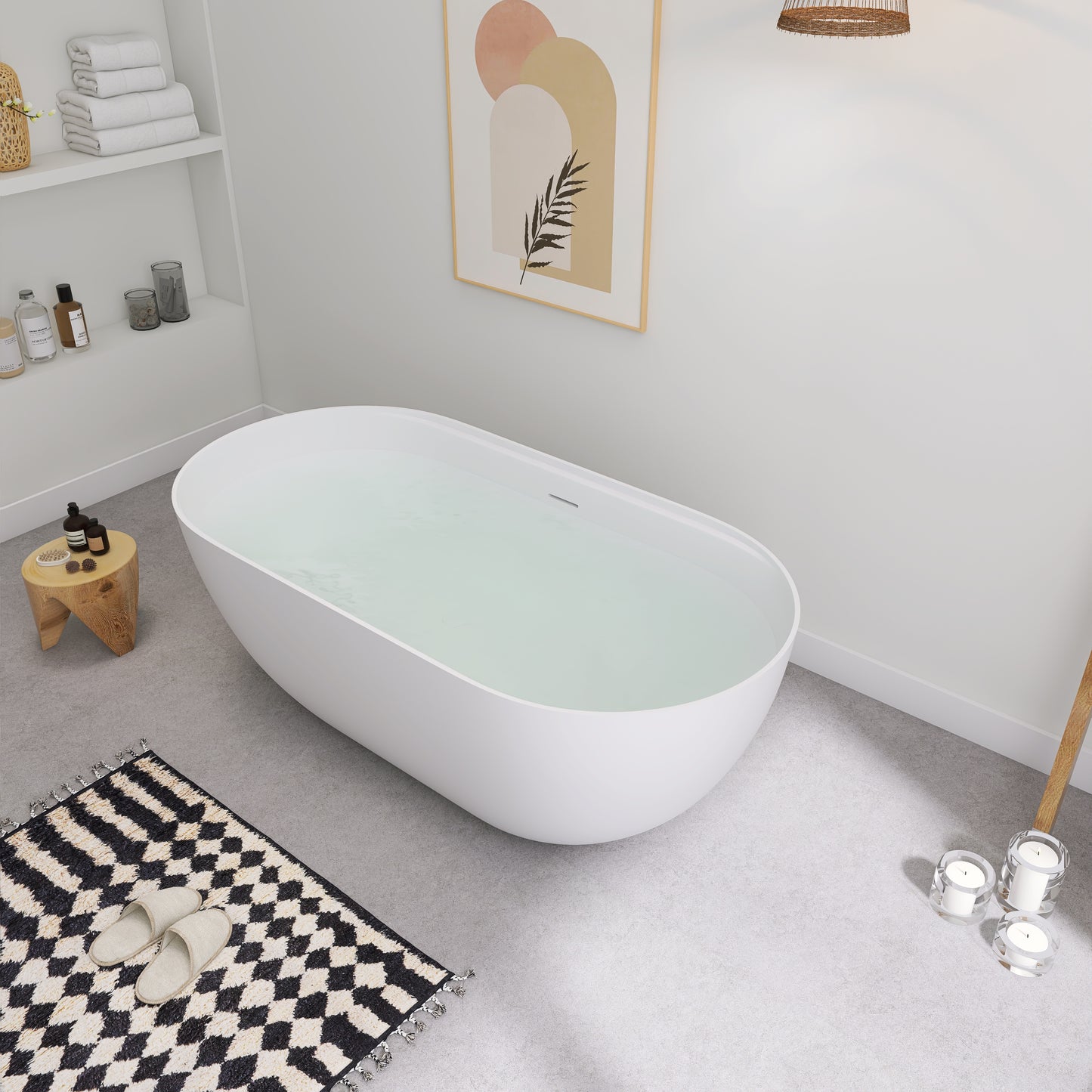 SJ-STARJANE 39"Freestanding Artificial Stone Bathtub with Shelf,Modern deep soaking bathtub,Non-slip solid surface