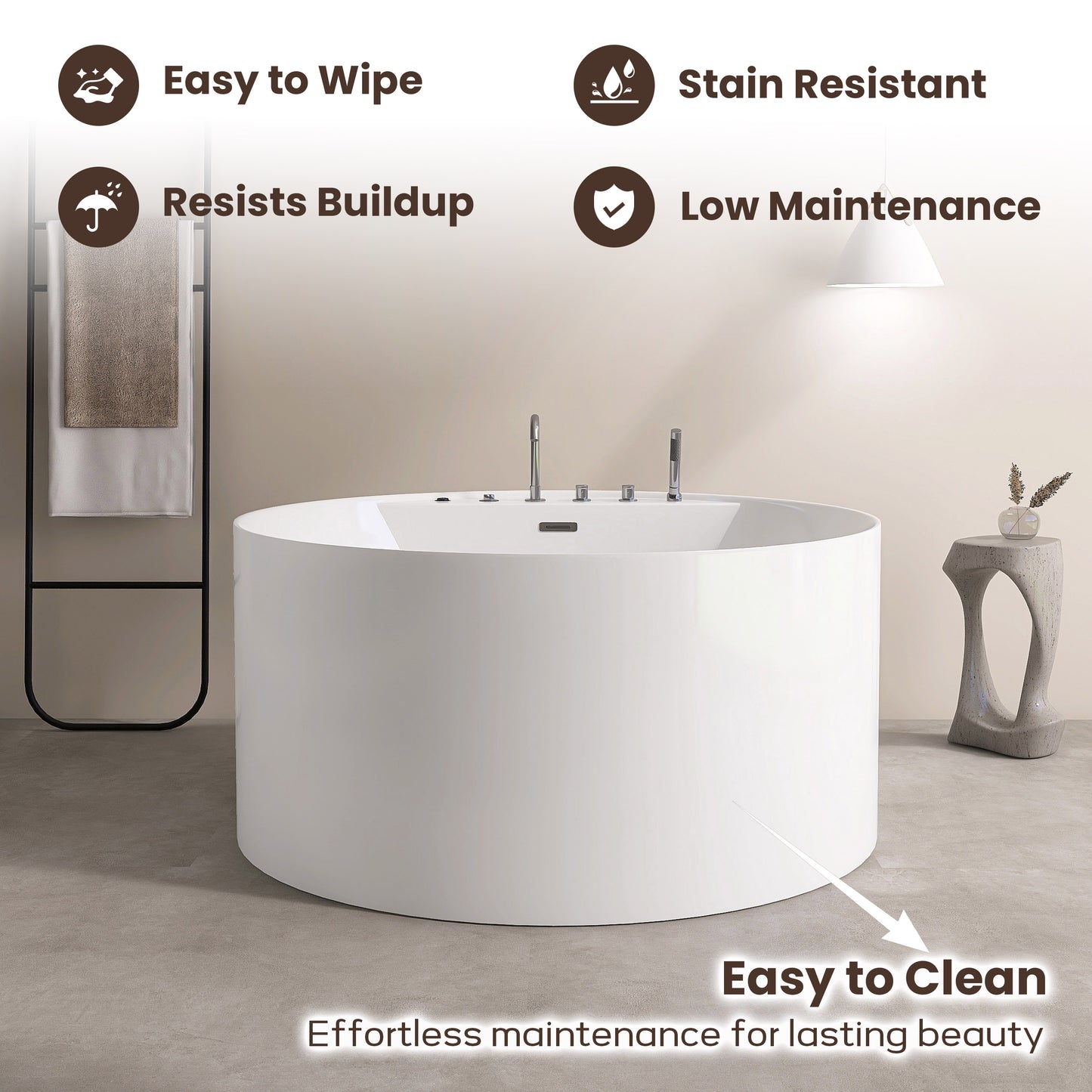 47'' Freestanding Round Acrylic Whirlpool Bathtub, 6 Massage Jets, LED Lighting, And 4-Hole Faucet AB24-47-AM