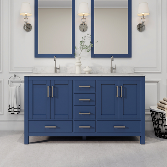 Riverford Blue Rubberwood & Plywood Double-Sink Bathroom Vanity with Engineered Marble Top