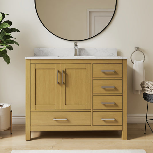 Riverford Desert Oak Rubberwood & Plywood Bathroom Vanity with Single Ceramic Sink and Engineered Marble Top