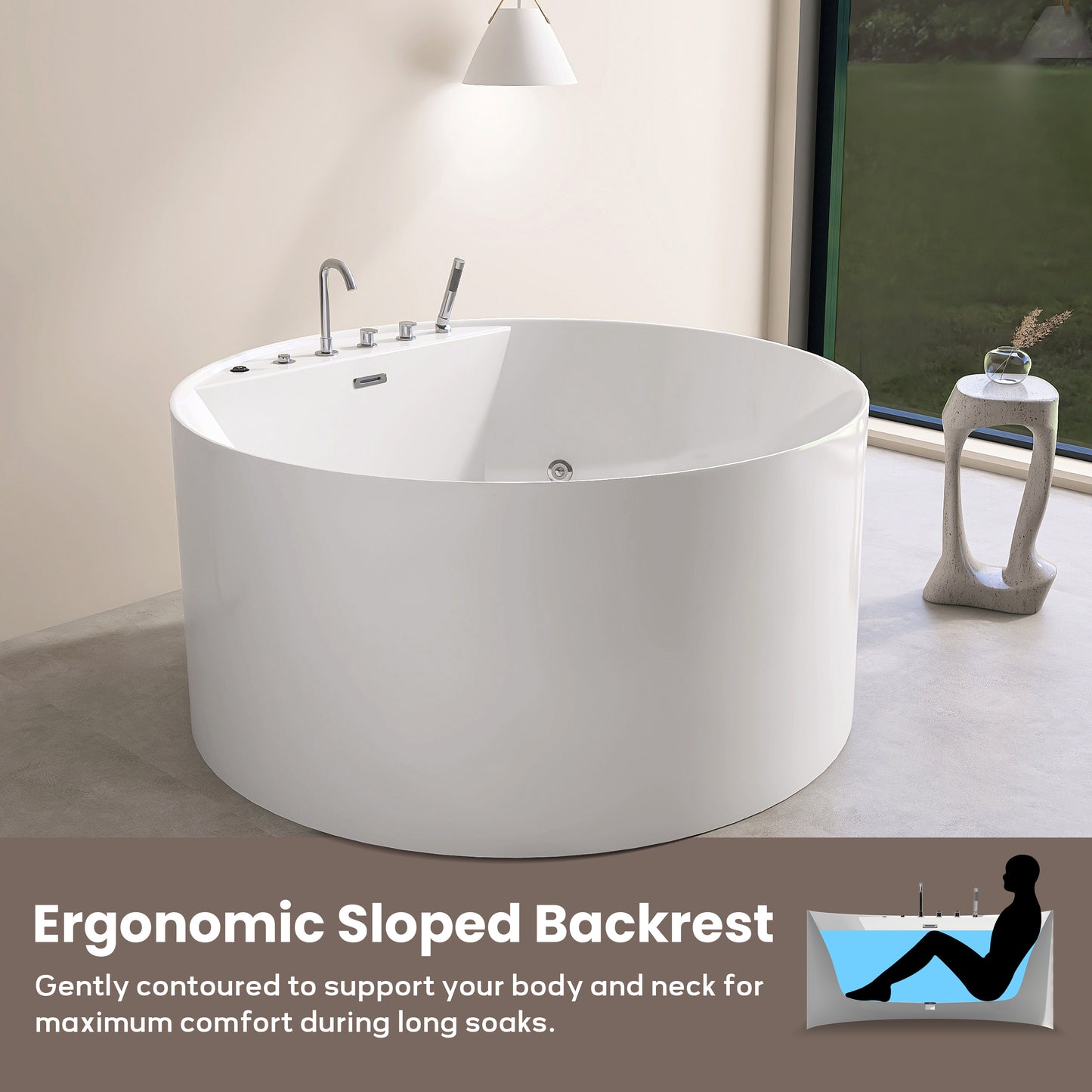 47'' Freestanding Round Acrylic Whirlpool Bathtub, 6 Massage Jets, LED Lighting, And 4-Hole Faucet AB24-47-AM