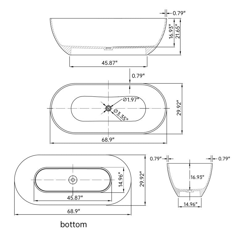 SJ-STARJANE 69'' X 30'' Freestanding Bathtub Solid Surface Stone Resin Soaking Bathtub Transparent