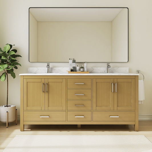 Riverford Desert Oak Rubberwood & Plywood Bathroom Vanity with Double Ceramic Sink and Engineered Marble Top