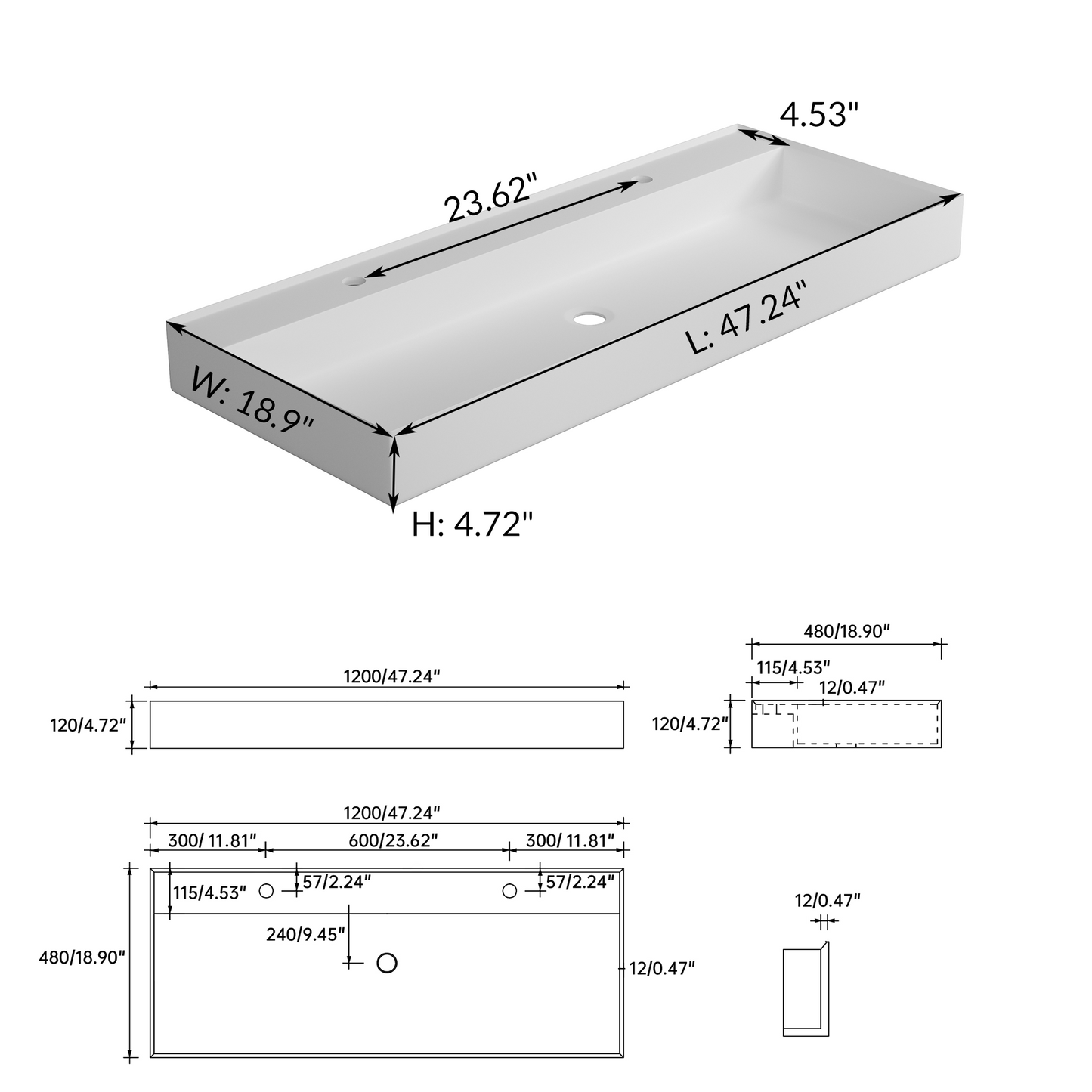 SJ-STARJANE 47''Wall Mount Bathroom Sink Solid Surface Sink with Double Faucet Hole