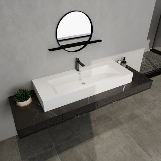 SJ-STARJANE 48 x 18 in. Solid Surface Wall Mount or Countertop Bathroom Vessel Sink with Single Faucet Holes in Matte White