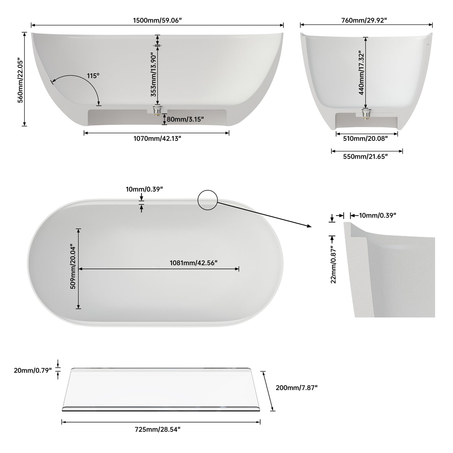 SJ-STARJANE 39"Freestanding Artificial Stone Bathtub with Shelf,Modern deep soaking bathtub,Non-slip solid surface