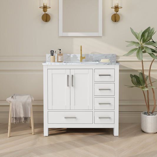 Riverford White Rubberwood & Plywood Bathroom Vanity with Single Ceramic Sink and Engineered Marble Top