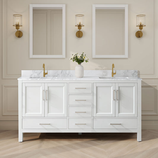 Riverford White Rubberwood & Plywood Bathroom Vanity with Double Ceramic Sink and Engineered Marble Top