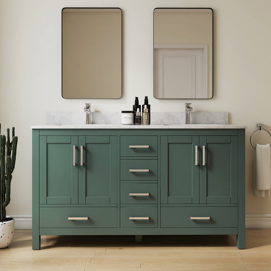 Riverford Green Rubberwood & Plywood Bathroom Vanity with Double Ceramic Sink and Engineered Marble Top