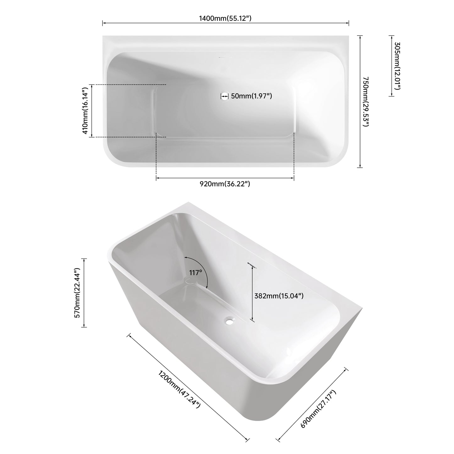 55‘’ Freestanding Soaking Acrylic Bathtub AB12-55