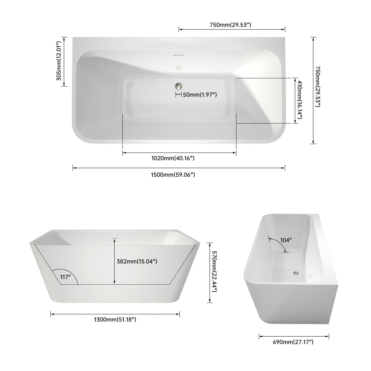 59‘’ Freestanding Soaking Acrylic Bathtub AB12-59